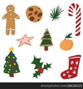 Set Christmas elements on white background. Abstract symbols christmas tree, gingerbread, sock, tangerine, cookies, start, mistletoe, candy in doodle vector illustration.. Set Christmas elements on white background. Abstract symbols christmas tree, gingerbread, sock, tangerine, cookies, start, mistletoe, candy in doodle.