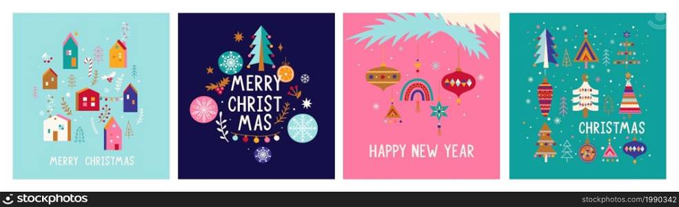 Set Christmas greeting cards 2022. Bright banners, flyers with hand drawn christmas elements-houses, christmas balls, christmas trees,toys, lights. Xmas decor elements.Template for design,print.Vector. Set Christmas greeting cards 2022.
