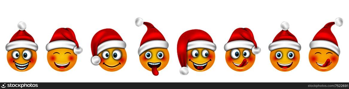 Set Christmas Happy Cheerful Emoticons in Santa Hat - Illustration Vector. Set Christmas Happy Cheerful Emoticons in Santa Hat