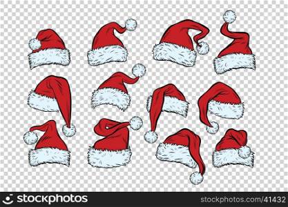 set Christmas hats Santa Claus, pop art retro comic book vector illustration. The new year holiday carnival. Isolated background