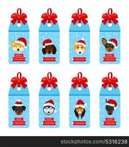 Set Christmas Labels with Heads Dogs in Santa Hats. Set Christmas Labels with Heads Dogs in Santa Hats, Isolated on White Background - Illustration Vector