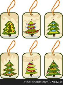 Set christmas tags with the decorated firtrees