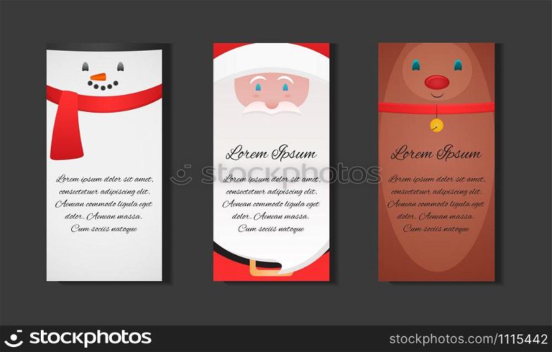 Set Christmas templates with Santa Claus, snowman and festive reindeer and place for text for your business