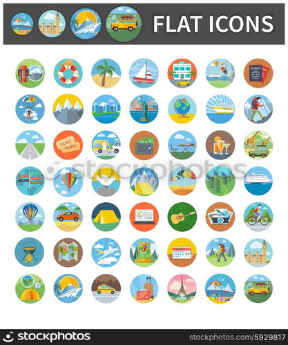 Set circle colorful icons of traveling, summer vacation, tourism and journey. Items in flat design. Different types of travel. Per click internet advertising in flat design