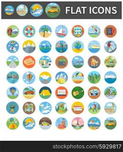Set circle colorful icons of traveling, summer vacation, tourism and journey. Items in flat design. Different types of travel. Per click internet advertising in flat design