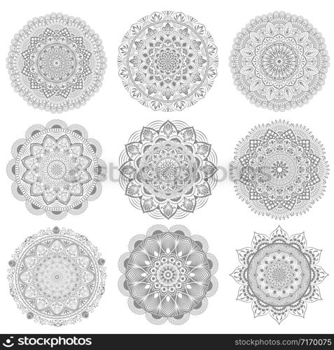 set circular pattern of mandala. Decorative ornament in oriental style. Mandala with floral patterns. Beautiful lined design in vintage