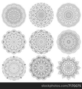 set circular pattern of mandala. Decorative ornament in oriental style. Mandala with floral patterns. Beautiful lined design in vintage
