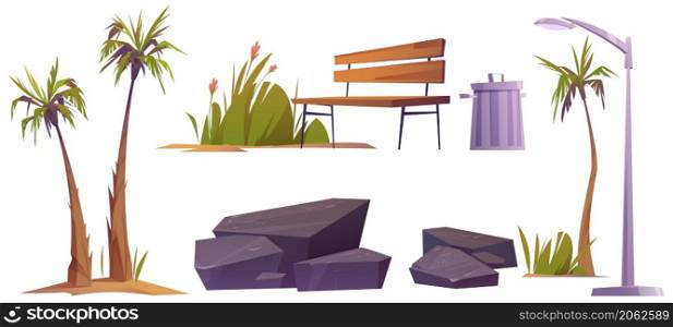 Set city park items palm trees, flowers, street lamp and wooden bench with stones, green grass and litter bin. Isolated elements for outdoor decoration, landscaping design, Cartoon vector illustration. Set city park items palm trees, flowers, lamp