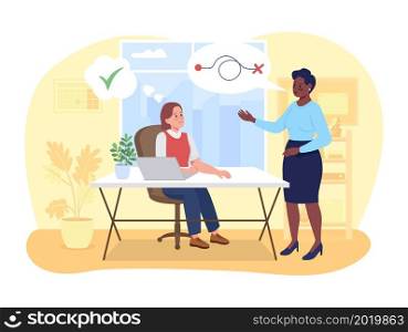 Set clear goal at work 2D vector isolated illustration. Boss explain strategy to manager. Happy coworkers flat characters on cartoon background. Corporate workplace colourful scene. Set clear goal at work 2D vector isolated illustration