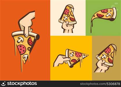Set clipart pizza. Vector logos, emblems. A slice of pizza in hand.