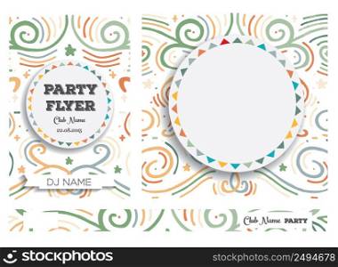 Set Club Flyers with copy space and hand drawn abstract swirl background. Vector illustration.