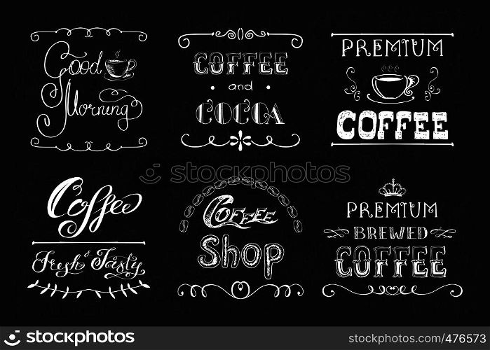 Set coffee labels or banners,hand drawn design on blackboard,vector illustration. Set coffee labels or banners