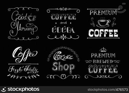Set coffee labels or banners,hand drawn design on blackboard,vector illustration. Set coffee labels or banners