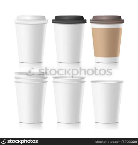 Set Coffee Paper Cups Vector. Empty Clean Paper Collection 3d Coffee Cup Mockup. Isolated Illustration. 3d Coffee Paper Cup Vector. Hot Drink. Collection 3d Coffee Cup Mockup. Isolated On Transparent Background Illustration