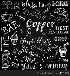 Set coffee sign and letters,hand drawn on blackboard,vector illustration. Set coffee sign and letters,