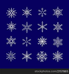 Set collection of 16 various ornate snowflakes, white snowflake star symmetric hexagon symbols placed on dark blue background, for prints, decoration, etc