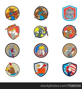 Set collection of cartoon character mascot illustration of animal tradesman industrial workers like bull, elephant, american eagle, dog, bulldog, cow, beaver, bird set in circle crest on isolated.. Animal Tradesman Mascot Set Collection