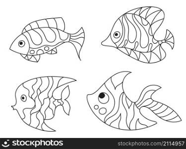 Set collection of fantasy monochrome psychedelic, creative doddle fish. Zen art creative design collection on white background. Vector illustration.