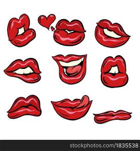 Set collection of red female lips. Sexy woman. Love and romance. Isolate on a white background. Comic caricature vintage hand drawn illustration. Set collection of red female lips. Sexy woman. Love and romance. Isolate on a white background.