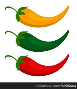 Set color chili pepper icon yellow, green and red chili pepper vector Illustration isolated flat