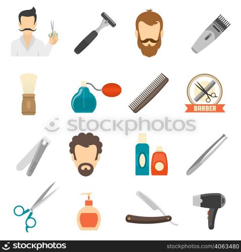 Set color icons about barber with shave equipment and personal hygiene accessories isolated vector illustration. Barber Color Icons