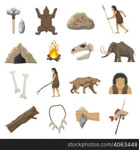 Set color icons with elements of life in stone age caveman cave bonfire mammoth bone isolated vector illustration. Stone Age Icons