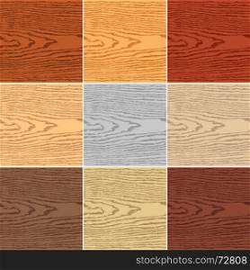 Set color wood texture. 9 colors wood texture background. Blank natural pattern swatch template. Empty realistic plank with annual years circles. Backdrop size square format. Vector illustration design elements 8 eps