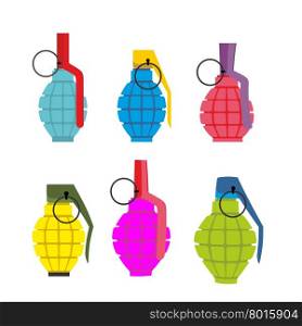 Set colored hand grenades. Fun colorful military ammunition. Army shells.&#xA;