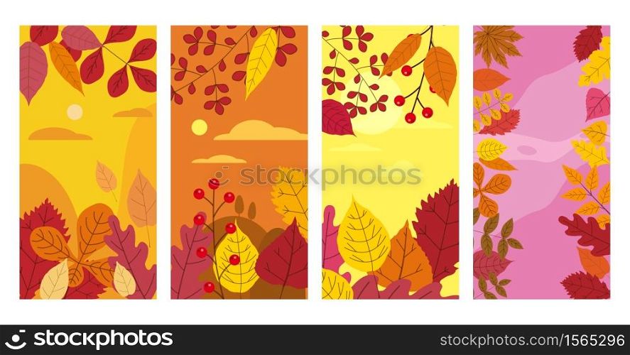 Set colorful autumn templates of autumn fallen leaves orange yellow foliage. Backgrounds social media stories banners. Set colorful autumn templates of autumn fallen leaves orange yellow foliage. Backgrounds social media stories banners. Template for event invitation, product catalog, advertising. Vector isoalted trendy flat style