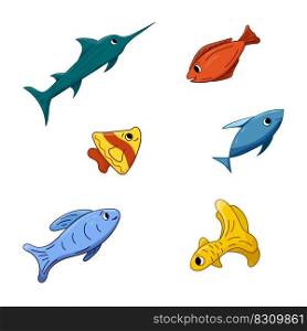 Set colorful fish Cartoon vector illustration. Isolated Ocean animal. Marine theme. Doodle dweller. Elements for icon, cover, print, book illustration, poster, card, web element, card for children.. Set colorful fish Cartoon vector illustration. Isolated Ocean animal. Marine theme. Doodle dweller.