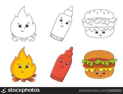 Set coloring page for kids. Cute cartoon characters. Black stroke. With s&le. Vector illustration. Barbecue theme.