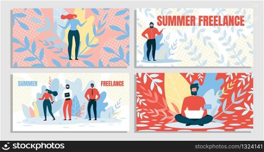 Set Combination Summer and Freelance, Vector. Bright Colorful Poster with Inscription Summer Freelancer. Flat Illustration Guy Works on Laptop Background Leaves and Grass, Cartoon.