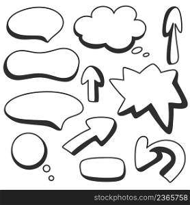 Set comic bubbles for text doodle style. Bundle empty frames for messages and arrows. Hand drawn retro stickers fill vector illustration. Set comic bubbles for text doodle style