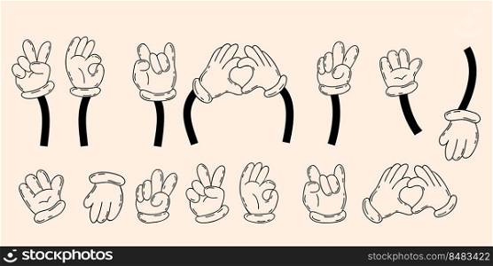 Set comic hands in gloves, gestures - heart, ok, hello, two fingers. Vector illustration. Linear hand drawn doodle. Outline decorative element for design and decor, print