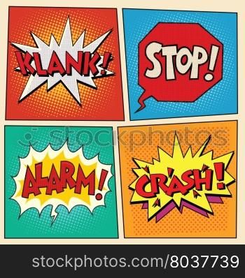 set comic pop art bubbles with text. retro vector illustration. Klank stop alarm crash. set comic pop art bubbles with text
