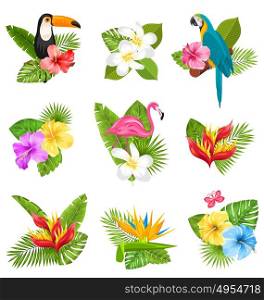Set Composition with Tropical Flowers, Exotic Bird and Plants. Illustration Set Composition with Tropical Flowers, Exotic Bird and Plants. Collection Elements Isolated on White Background - Vector