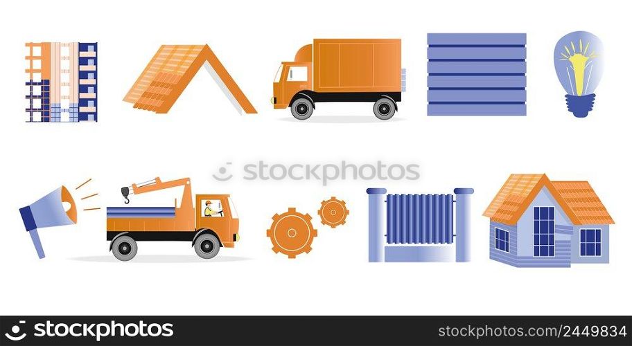 Set construction theme. Illustrations of unfinished building and houses, trucks, building materials, l&and horn. Vector set for design on the theme of construction