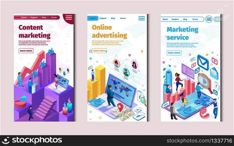 Set Content Marketing Services and Online Advertising. Vector Illustration Landing Page. Content Interesting to Attract Attention Customers. People Use Blog, Social Networks Page, Article.. Content Marketing Services and Online Advertising.