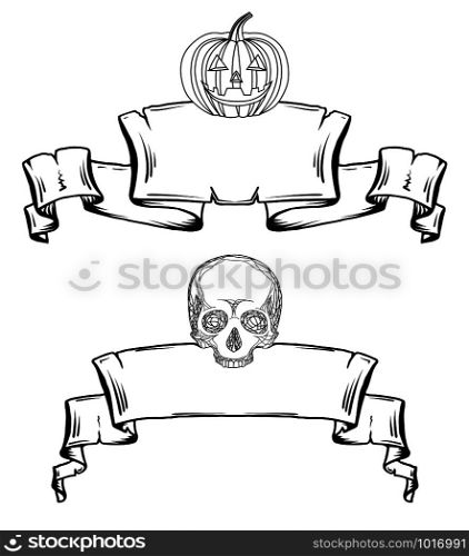 Set contour of old scrolls with lamp Jack and the skull. Decorations for Halloween. Vector elements for your design. Set contour of old scrolls with lamp Jack and the skull. Decorat