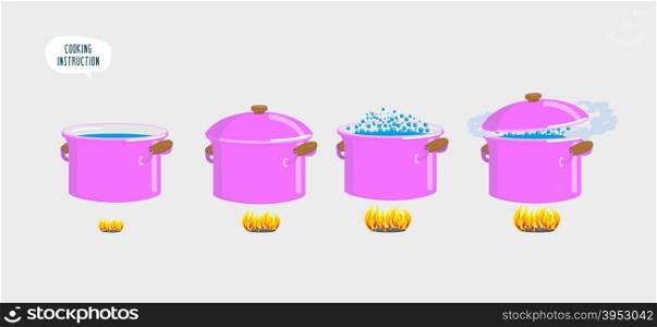 Set cooking plates. Boiling water for various dishes. Vector illustration