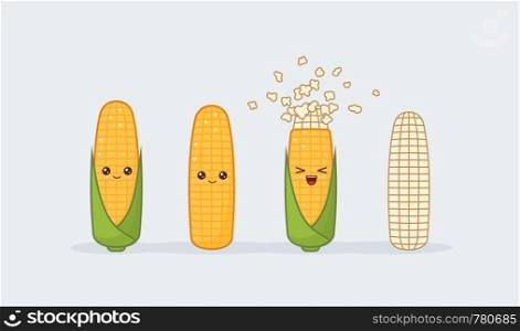 Set corn. Cute kawaii smiling food. Vector illustration