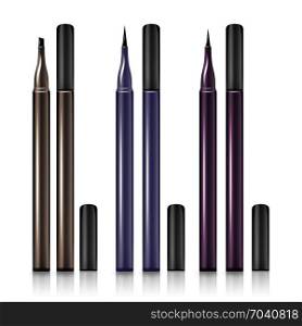 Set Cosmetic Makeup Eyeliner Pencil Vector. Modern Makeup Realistic Pencils with without Cap Isolated on White Background. Set Cosmetic Makeup Eyeliner Pencil Vector illustration