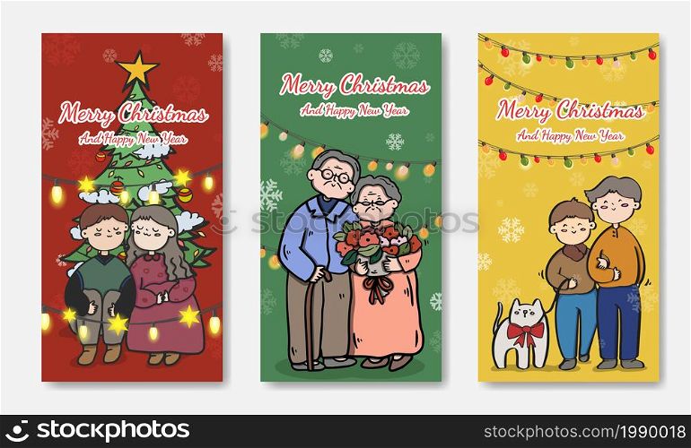 Set Couple in love for Christmas and Happy New Year Floral Card templates, Trendy retro style. Vector design element.