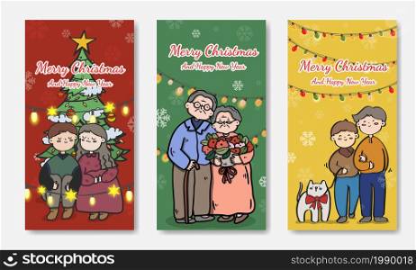 Set Couple in love for Christmas and Happy New Year Floral Card templates, Trendy retro style. Vector design element.