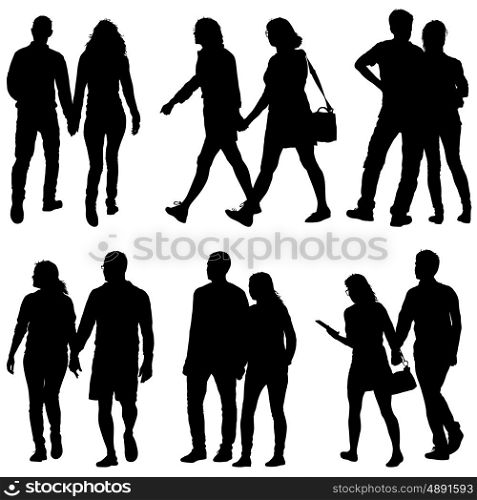 Set Couples man and woman silhouettes on a white background. Vector illustration. Set Couples man and woman silhouettes on a white background. Vector illustration.
