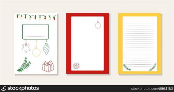 Set covers Christmas notebook. Balls, garlands, gift, tree branch elements. Vector illustration. Red, yellow, green colors. Cover and pages for the sketchbook, notebook, brochures, templates, diaries. Set covers Christmas notebook. Balls, garlands, gift, tree branch elements. Vector illustration