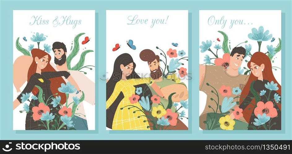 Set Creative Banners for Loving Couple. Man and Woman in Love on Colorful Background with Vibrant Flowers. Valentines Day, Summer Time Dating, Romanti? Relations. Cartoon Flat Vector Illustration. Set of Creative Banners for Loving Couple Dating