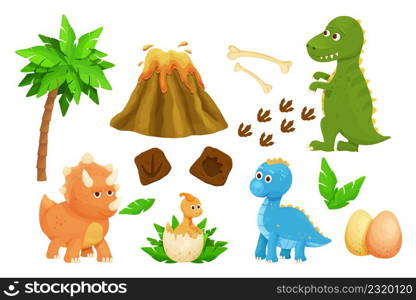 Set cute baby dinosaurs with dino egg, footprint, Jurassic leaves, volcano and bones in cartoon style childish decoration isolated on white background. Ancient wild characters. Vector illustration