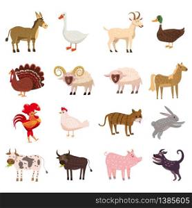 Set cute cartoon animals collection sheep, goat, cow, donkey, horse, pig, cat, dog duck goose chicken hen rooster bull rabbit turkey isolated. Farm animals cute set in cartoon style isolated on white background. Vector illustration. Cute cartoon animals collection sheep, goat, cow, donkey, horse, pig, cat, dog, duck, goose, chicken, ram, hen, rooster, bull, rabbit, turkey, isolated