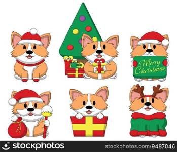 Set Cute cartoon Christmas Character Dog Corgi